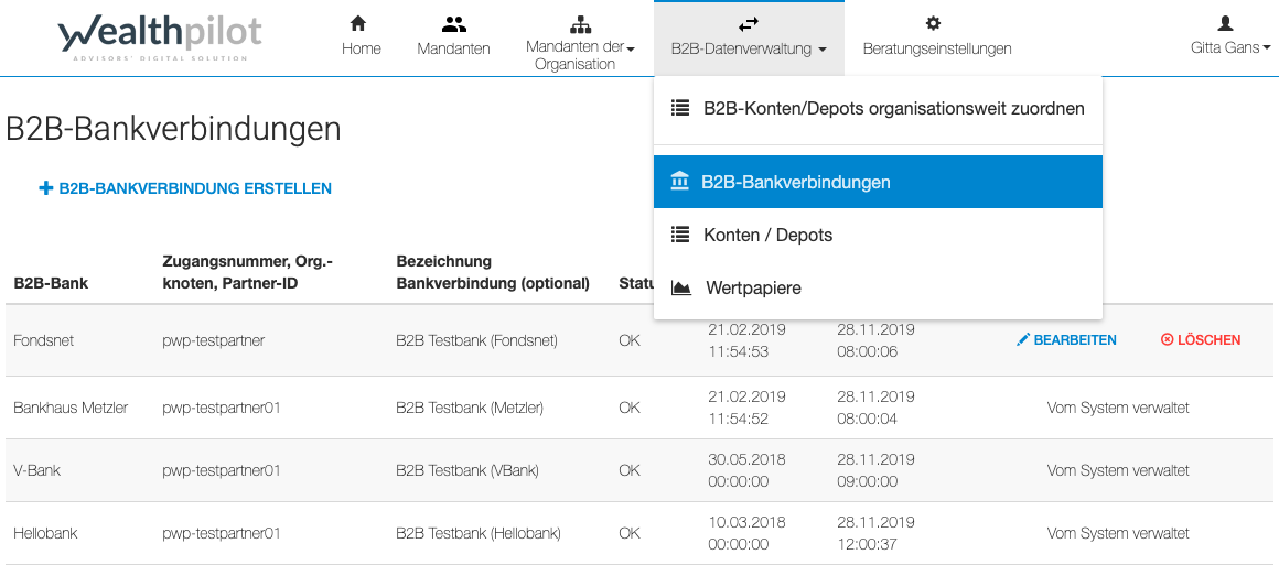 B2B Bankverbindungen - Menü ausgeklappt